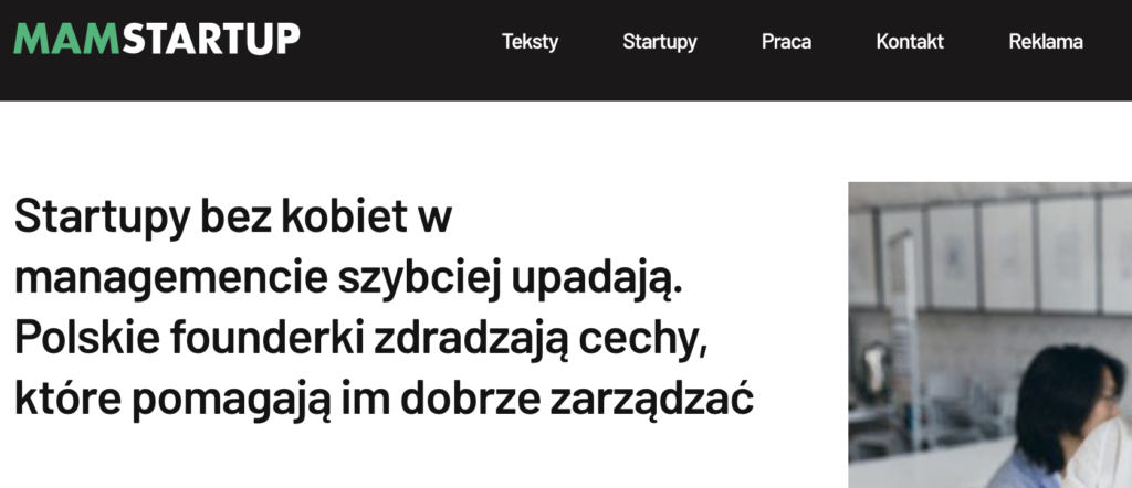 Zrzut ekranu ze strony Mam Startup z tytułem artykułu "Startupy bez kobiet w managemencie szybciej upadają"